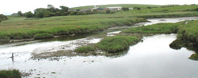 Afon Dronwy at its confluence with Afon Alaw The farm in the background, south of the Alaw, is Erw Fawr (=big acre)