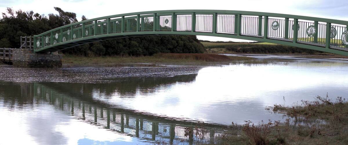 A green bridge over a calm river with reflections of the sky and vegetation.