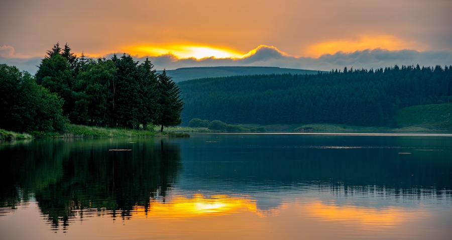 Un lago tranquilo con el reflejo de un atardecer, rodeado de un bosque denso y colinas.