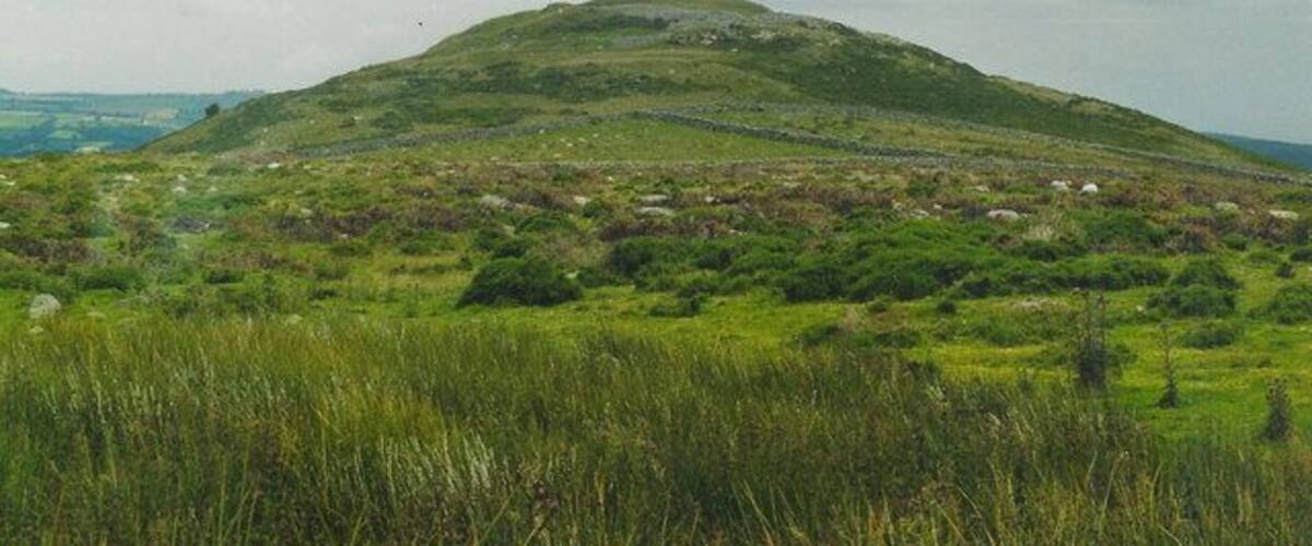 A grassy hill with a fence running along its base.