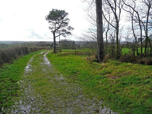 Track and footpath to Littleham church View south-west from the junction at the village hall.