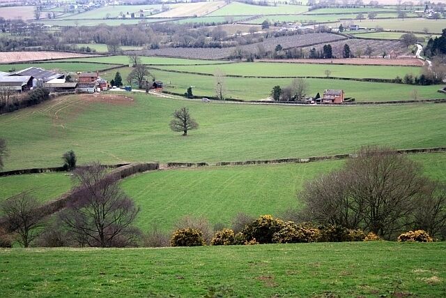Lowdy Hall Looking down the steep scarp slope of Red Hill to the farm "Lowdy Hall" on the plain below.