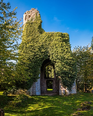 A stone structure partially covered by ivy, with an arched entrance and a clear blue sky in the background.
