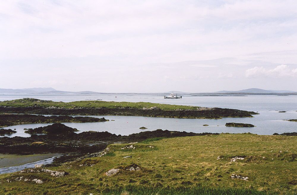 View over the Sound of Harris. From An t-Ob (Leverburgh), with the ferry from Beàrnaraigh (Berneray) approaching.