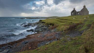A coastal landscape with a ruined stone structure, rocky shoreline, and grazing sheep.