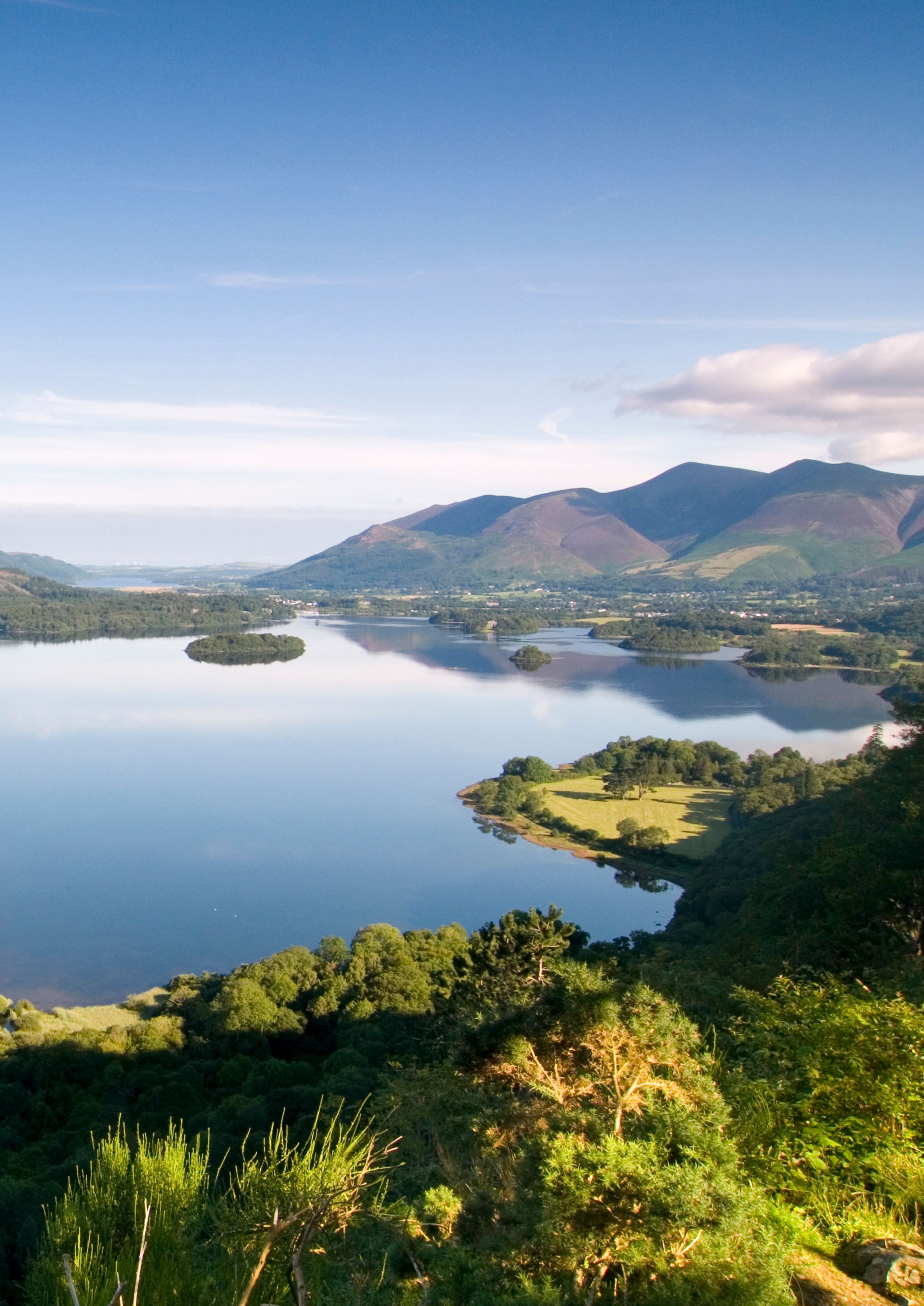 View from Surprise View near Keswick in the morning with reflections in Derwent Water, Lake District, Cumbria England