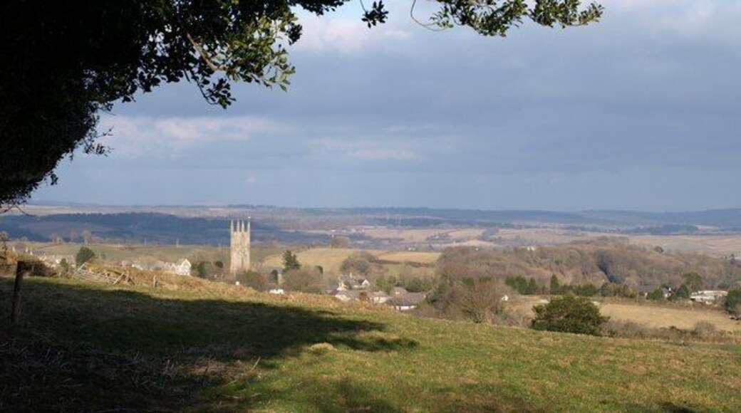 Approaching Lanlivery Footpath 406/2/1 (classified gold, and easy enough to follow) is descending an increasingly steep hillside, and passes from this field through the gap in the bank by the ineffective gate on the extreme left. Lanlivery church, a couple of ridges away, is in SX0759.