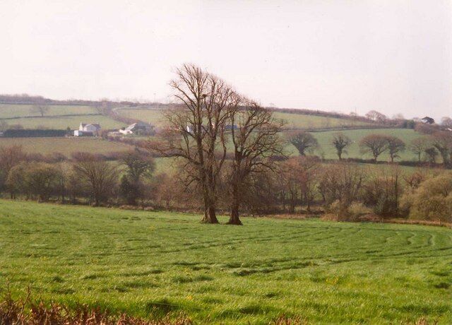 A rural landscape with a single leafless tree in a green field, rolling hills, and a few scattered buildings in the distance.
