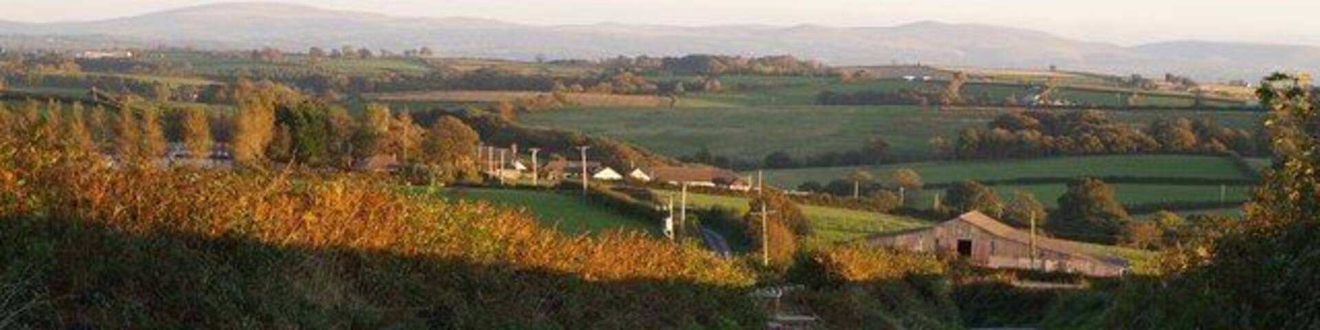 A rural road winding through green fields with distant hills and a few buildings.