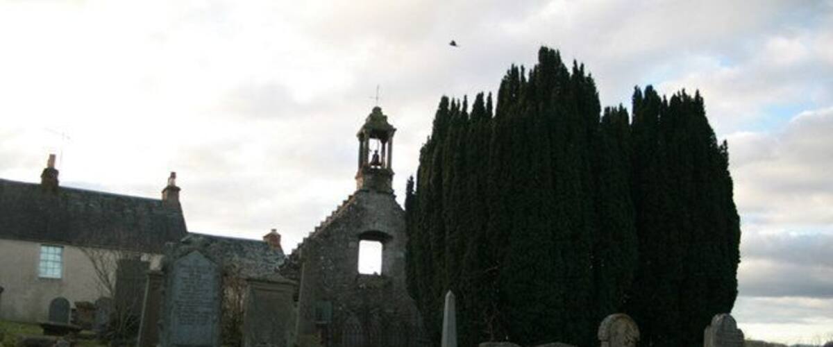 A cemetery with gravestones, a bell tower, and a tall tree.