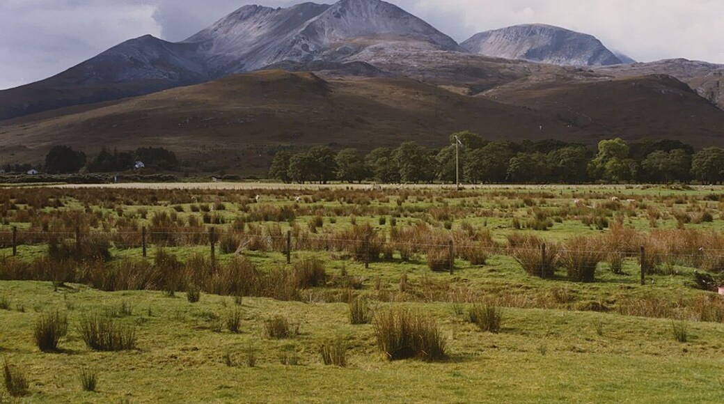 Field near Culaneilan farm, Incheril Taken from the old public car park near the farm. The drainage ditch in the foreground is one of several which help keep the land reasonably dry. Beyond the field a line of light coloured stones marks where the A' Ghairbhe river meets the Abhainn Bruachaig to form the Kinlochewe River. Beinn Eighe crowns the horizon.