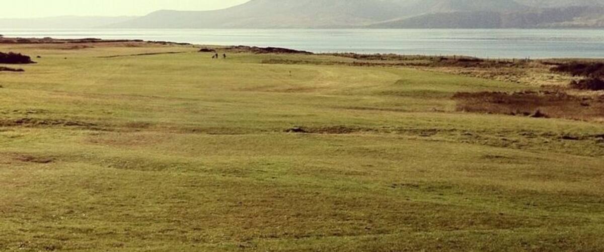 A coastal landscape with a grassy field, a body of water, and distant mountains.