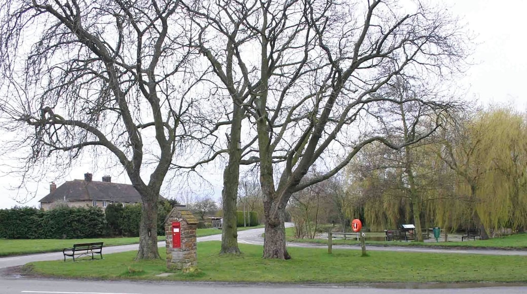 Village Green, Little Kineton. Looking south across the small village green with three trees and a victorian post box 1779449. The village pond 1779420 is visible behind the green on the right.