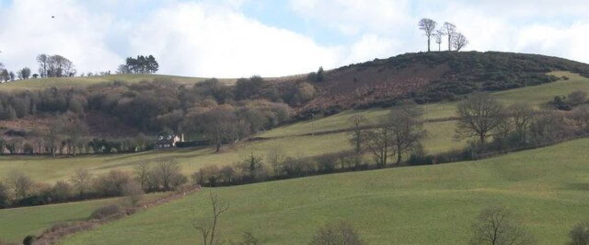 Rolling hills, a small house on a hill, and scattered trees.