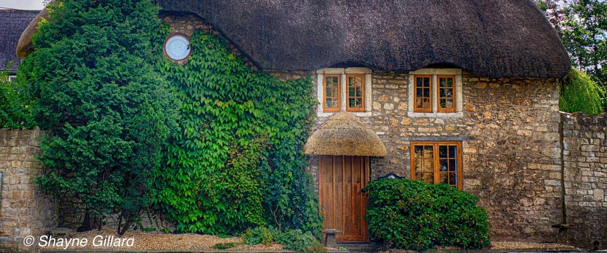 A thatched-roof cottage with ivy-covered walls and a stone chimney.