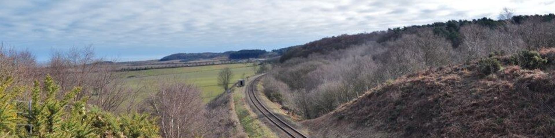 The North Norfolk Line from the North side of the cutting The large cutting here is one of the larger engineering hurdles on the line. Although there is only sand and gravel to dig it must have been a big job. I would imagine the cutting material went to built the large embankment that takes the line to Weybourne. Heather and Gorse can be seen, the sandy soils making Kelling Heath famous for rare plants and animals. This is where Michael Palin first saw the sea, from the train window when the line was still open. Please Note this photo was taken on railway property, I was in possession of a line side pass issued by the railway. Going on the line side without one is trespassing.