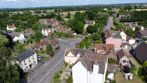 Photo of the High Street, looking West. Taken from the top of the Church St James the Less (Iron Acton, South Gloucestershire, England)