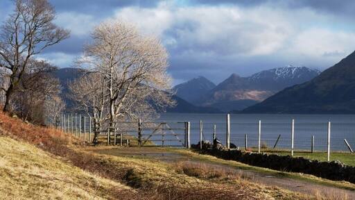 The old road at Inversanda Bay Pap of Glencoe across Loch Linnhe