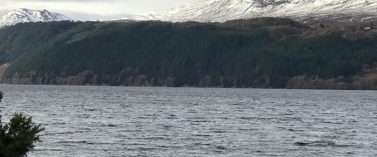 A mountain with snow-covered peaks and a forested slope.