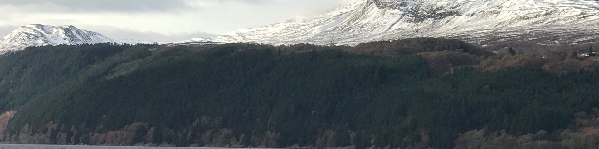 A mountain with snow-covered peaks and a forested slope.