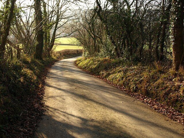 Lane to Snead. The lane from which 1107085 was taken drops between banks and trees towards the Camlad valley.