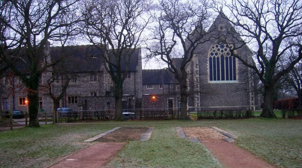 Long Jumps, Hurstpierpoint College Next to the bridleway that links the college with London Road, the A273. The chapel is to the right whilst the buildings of Star House are to the left. Decided against testing out my hop, skip and jump as the frost would probably make my landing a little more painful than usual.