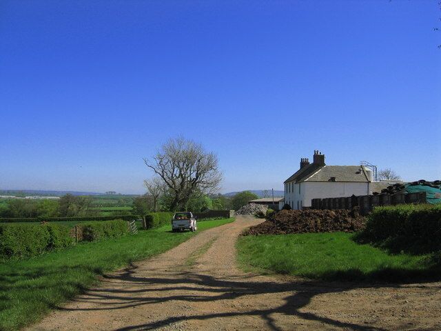 A rural road with a white house on the right, a car parked on the side, and a clear blue sky.