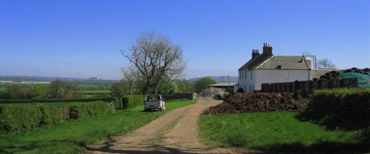 A rural road with a white house on the right, a car parked on the side, and a clear blue sky.