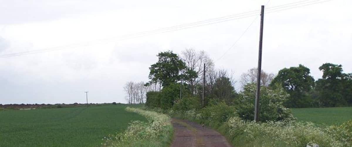 A rural dirt road curving through a green field with a signpost on the right.