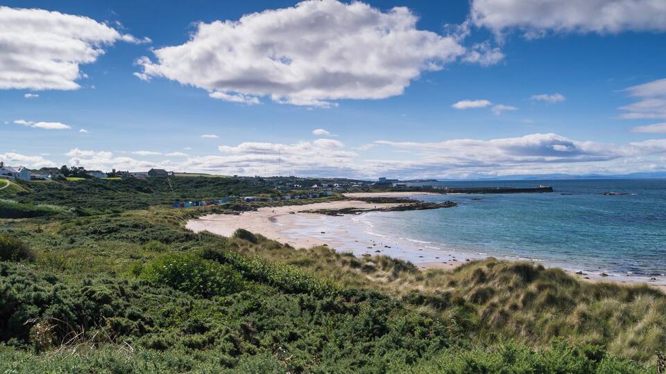 A coastal landscape with a sandy beach, grassy dunes, and a clear blue sky.