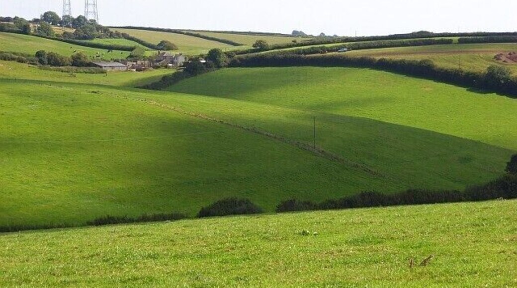 Downland, Hooke Looking across a valley to Hill Farm and two of Rampisham Down's many masts.