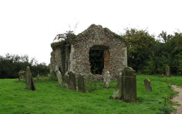 St George's ruin and cemetery - 19th century vestry. When the 1870 the tower crashed into the nave during the 1870s the church was abandoned. Only the ivy-covered tower and a 19th century vestry remain, the churchyard is still in use today. The new church, built in 1931-2 by Gilbert A. Perry, can be seen here > 321748 (exterior) and here 321752 (interior). For more information on the old church of St George's see http://www.norfolkchurches.co.uk/hindolvestonold/hindolvestonold.htm