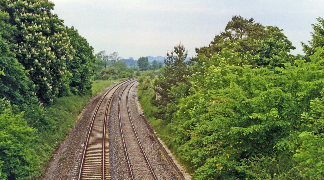 Site of former Heytesbury station. View NW, towards Westbury: ex-GWR (Bristol etc.) - Westbury - Salisbury secondary main line. The station was closed 19/9/55, but the line remains an important link to Southampton etc. from Bristol and South Wales.