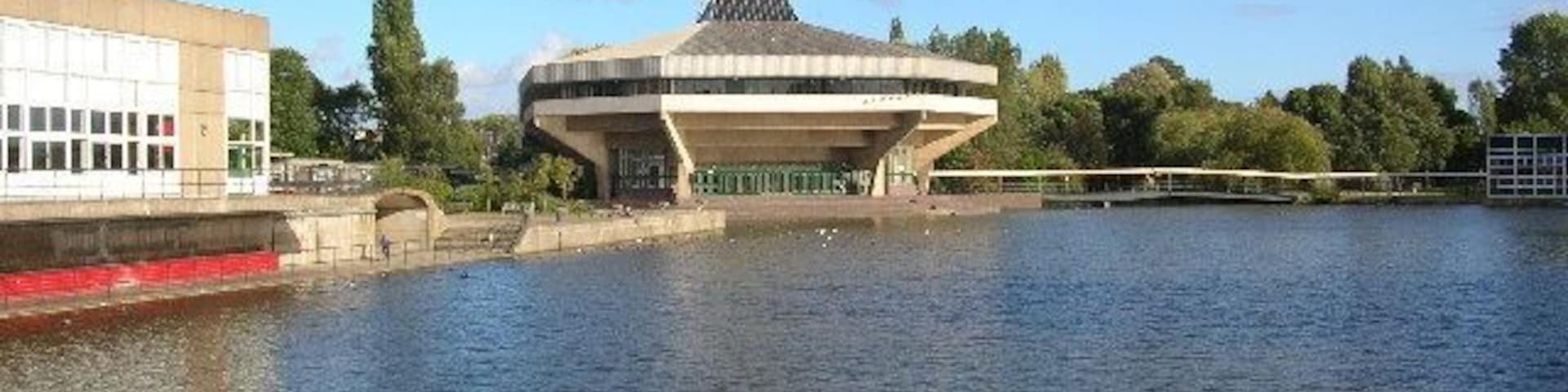 Central Hall. Slightly more modern image than the other of Central Hall, but with very little changed. Taken from the Vanbrugh - Goodricke bridge. Vanbrugh dining hall is on the left of the photo, and physics is on the right hand edge of the shot.