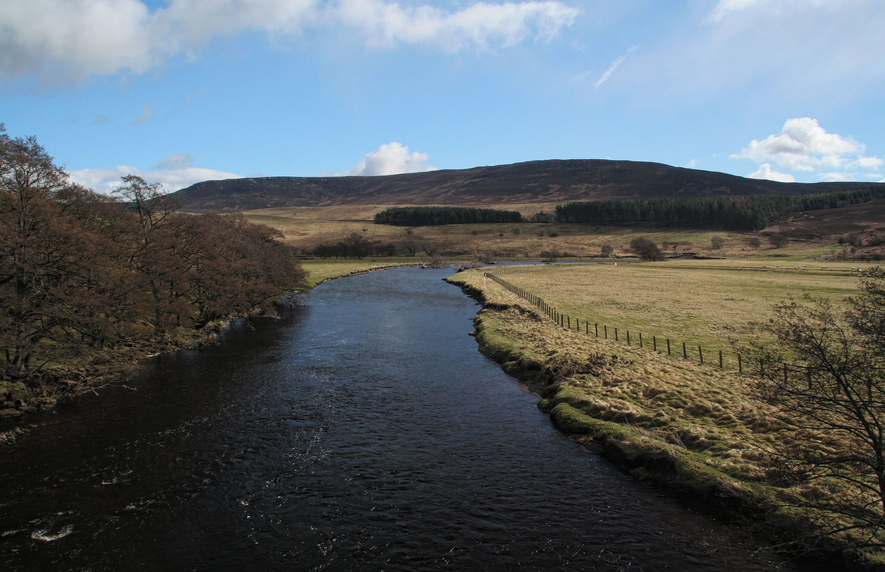A river winding through a hilly landscape with sparse trees and a clear sky.
