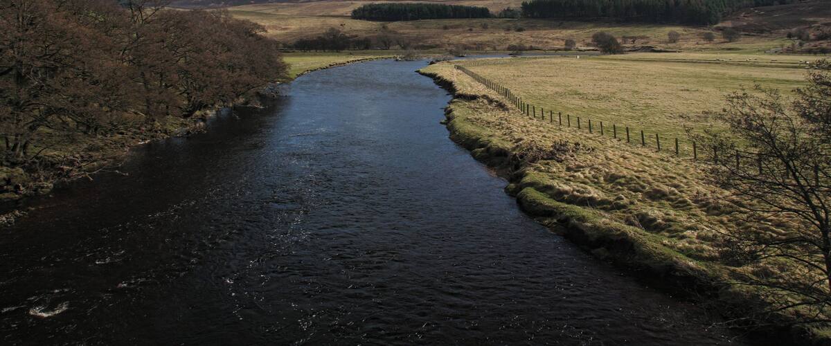 A river winding through a hilly landscape with sparse trees and a clear sky.