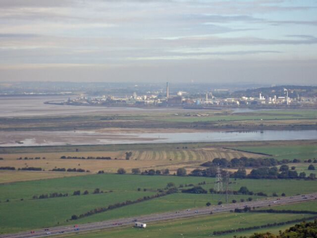 View from Helsby Hill Helsby: Ineos Chlor works, River Mersey, Manchester Ship Canal and River Weaver from Helsby Hill.