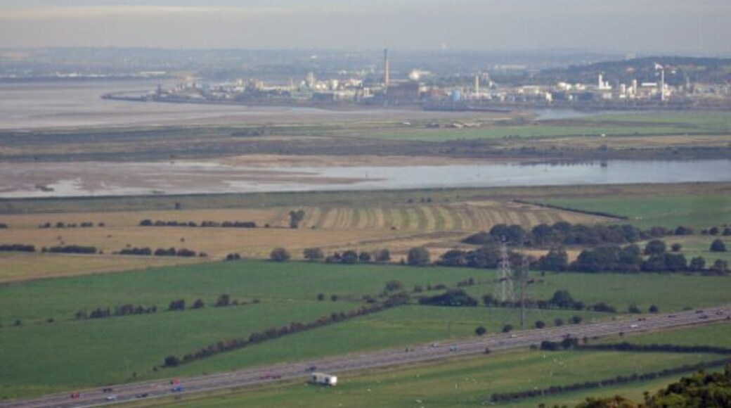 View from Helsby Hill Helsby: Ineos Chlor works, River Mersey, Manchester Ship Canal and River Weaver from Helsby Hill.