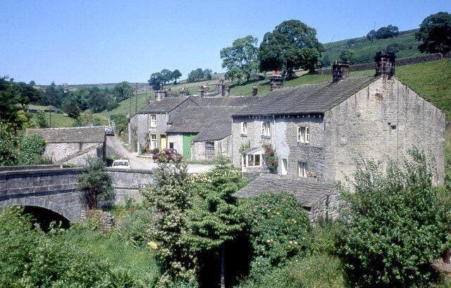 Cottages at Hebden,1973 The bridge is over Hebden Beck.