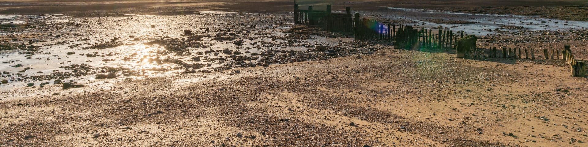 A beach with a lighthouse, rocky shore, and the sun setting over the horizon.