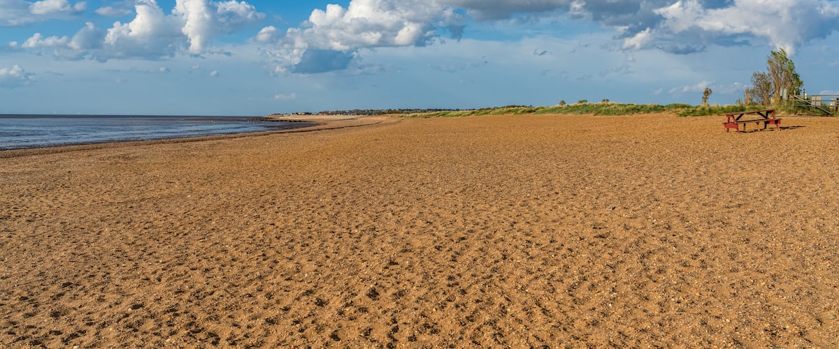A sandy beach with a picnic table and a dune in the background.