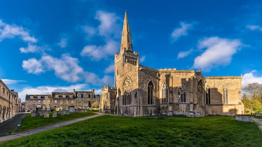 Una iglesia histórica con una aguja alta, rodeada de un área verde y otros edificios.
