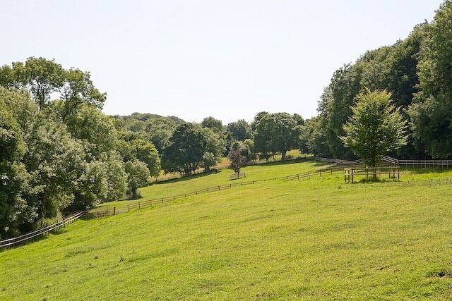 Field and hillside east of Boarhuts Copse Seen from one footpath, with another running along the fence at left.