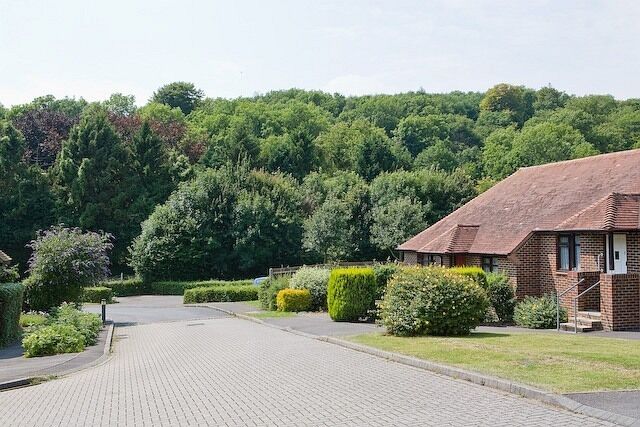A paved driveway leading to a brick building surrounded by greenery and trees.