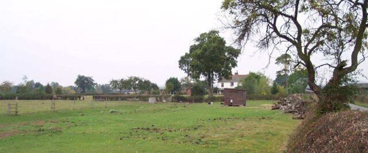 A rural landscape with a large tree, a white house, and a field.