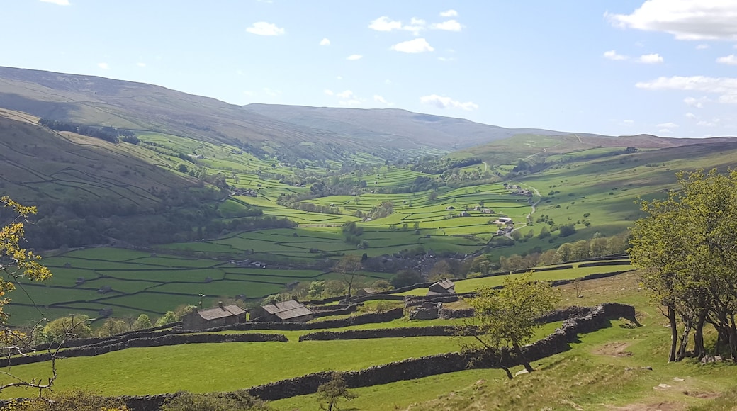 Looking West up Swaledale towards the village of Gunnerside in the Yorkshire Dales. Swaledale is the wildest and loveliest of the Dales.