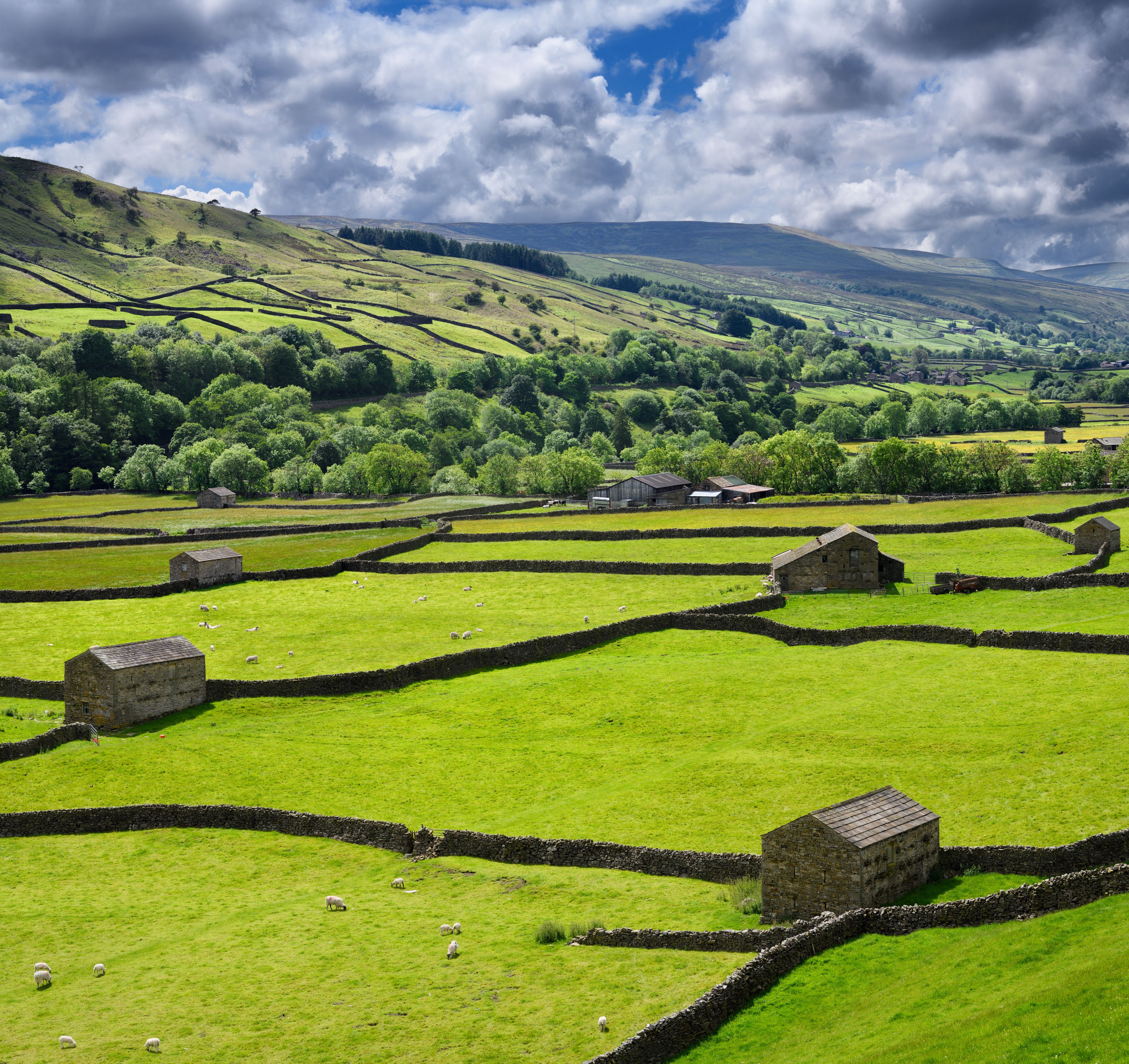 A rural landscape with rolling green fields, stone walls, and scattered stone buildings.