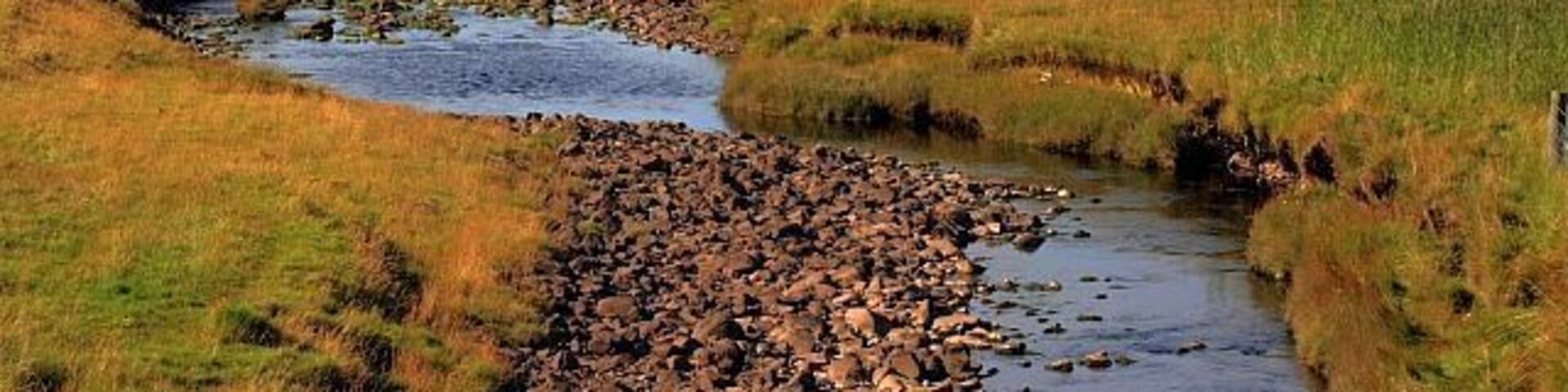 A coastal landscape with a rocky stream, grassy fields, and hills in the background.