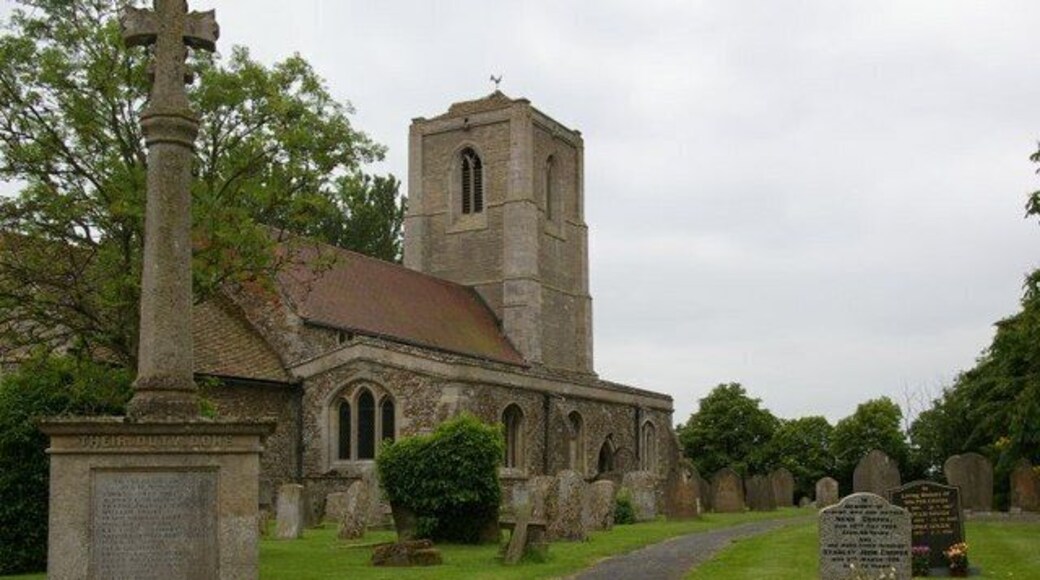 St Bartholomew's parish church, Great Stukeley, Huntingdonshire, with the parish war memorial in the foreground