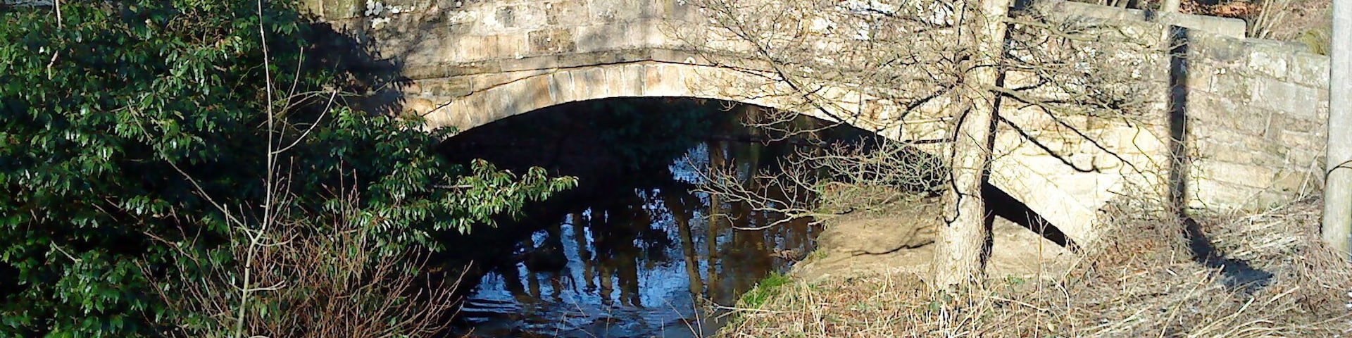 A stone bridge over a narrow waterway, surrounded by trees and bushes.